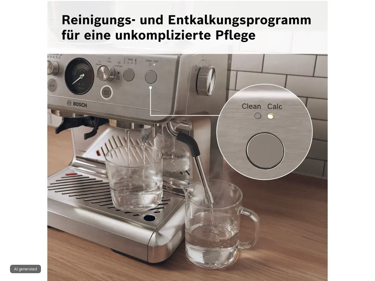 Bosch Kaffeevollautomat mit automatischem Reinigungs- und Entkalkungsprogramm für eine unkomplizierte Pflege und lange Gerätelebensdauer.