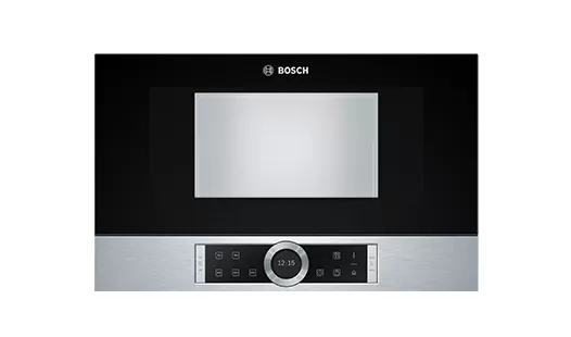 Built-in Bosch microwave oven with a large glass door and a lower stainless steel control panel, viewed from the front.