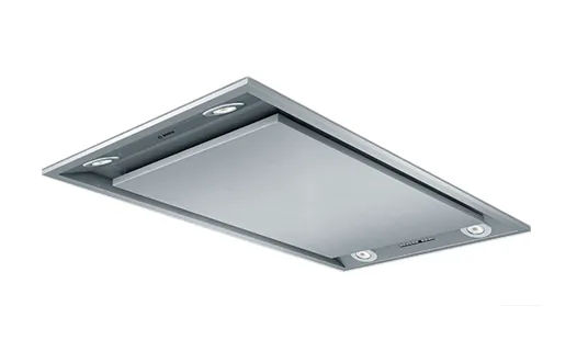 Sleek silver ceiling-mounted range hood with built-in lights. Modern, minimalist design with smooth, clean lines. Suitable for contemporary kitchens.