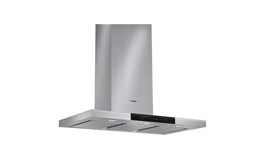 A sleek, stainless steel cooker range hood with a modern, minimalist design. It features a flat vent with control buttons, ideal for contemporary kitchens.