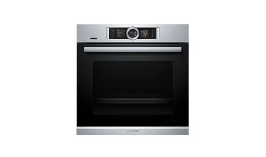 Front view of a Bosch built-in steam oven featuring a stainless steel control panel and digital display.