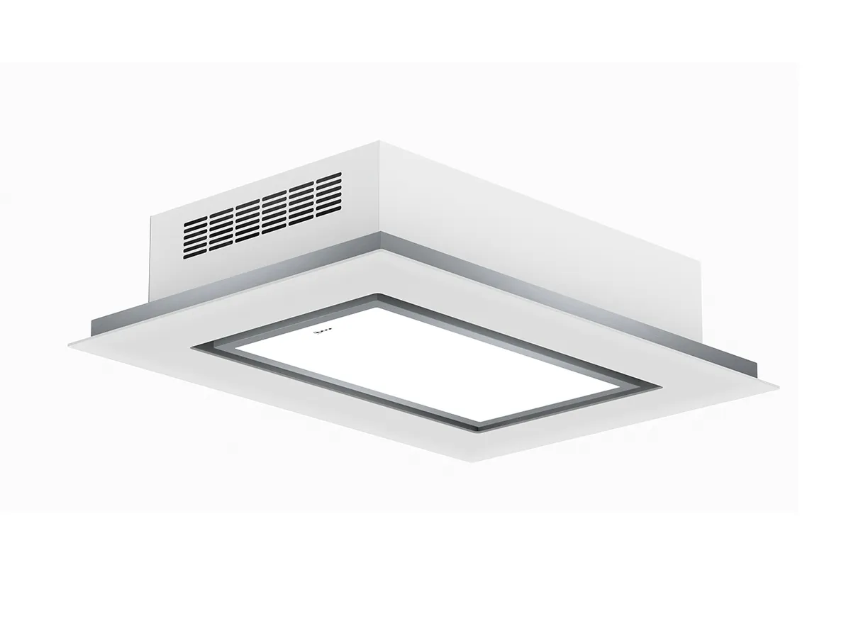 View of a modern rectangular kitchen ceiling range hood in white, featuring a sleek, flat design with a silver border and ventilation grilles on the side