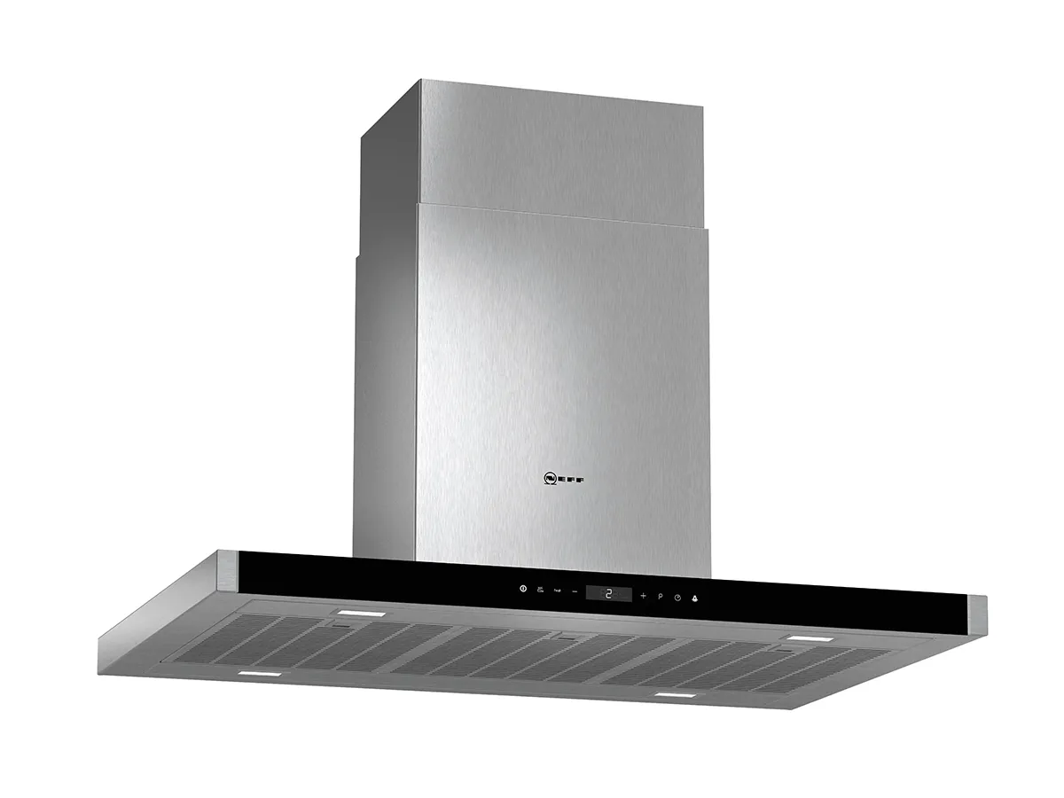 Front view of a modern stainless steel kitchen hood with a sleek design, featuring a black control panel and grid-patterned filters. It is mounted above a cooking surface, showcasing a contemporary kitchen aesthetic.