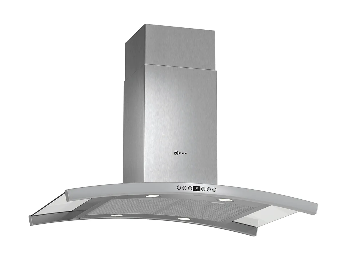 This kitchen hood features a sleek stainless steel design with a contrasting black control panel. Its modern appearance is complemented by an integrated display for ease of use, allowing users to adjust fan speeds and lighting while cooking.