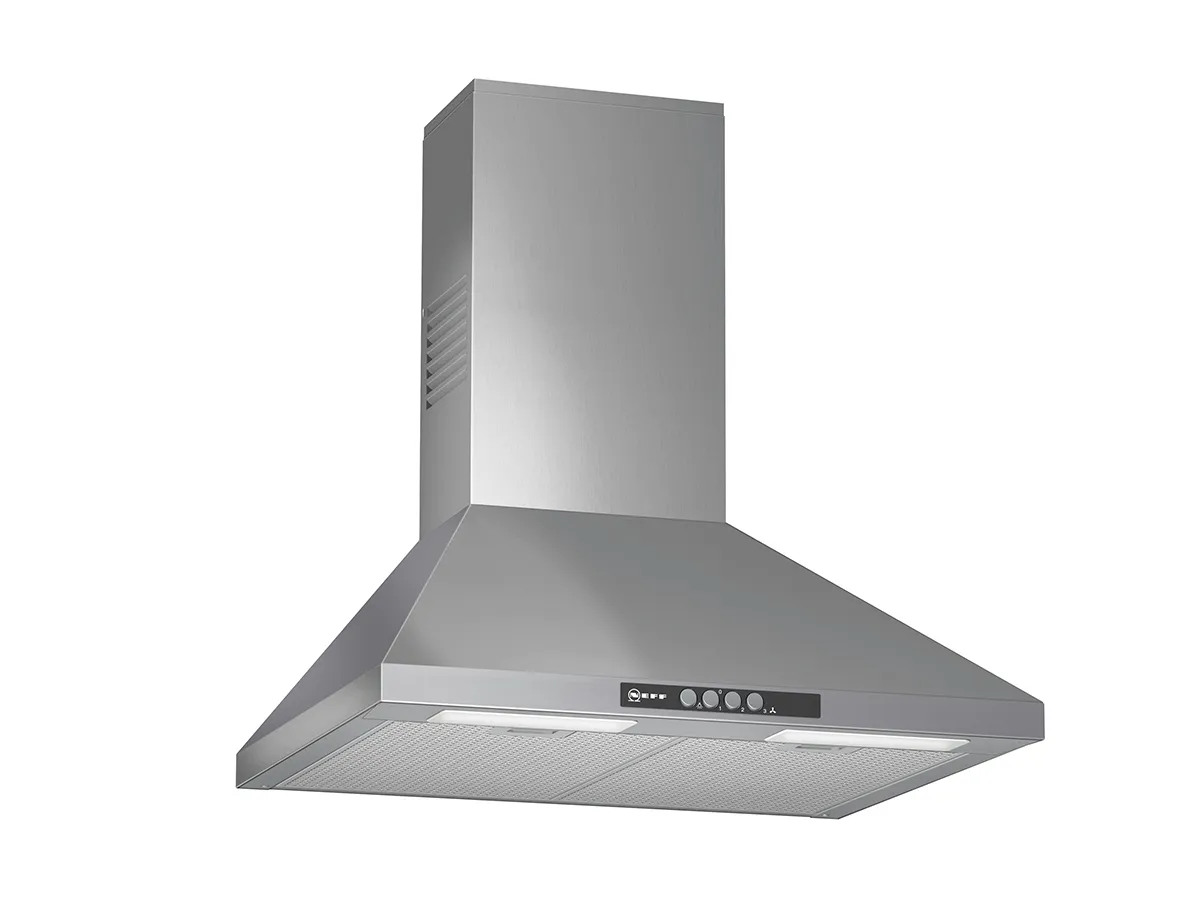 Stainless steel kitchen hood with a modern design and control buttons for fan speed and lighting, mounted above a cooking area.