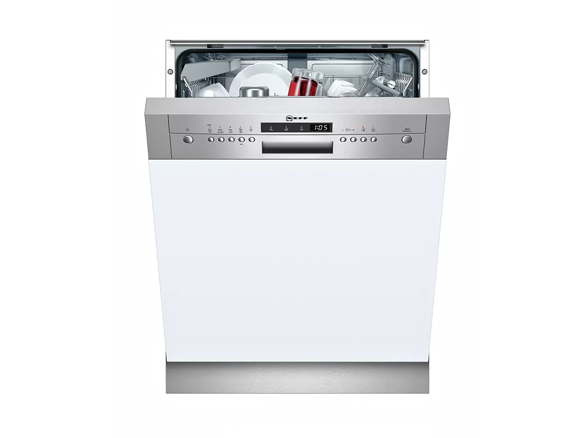 Partially open dishwasher with various dishes and utensils inside, stainless steel exterior.