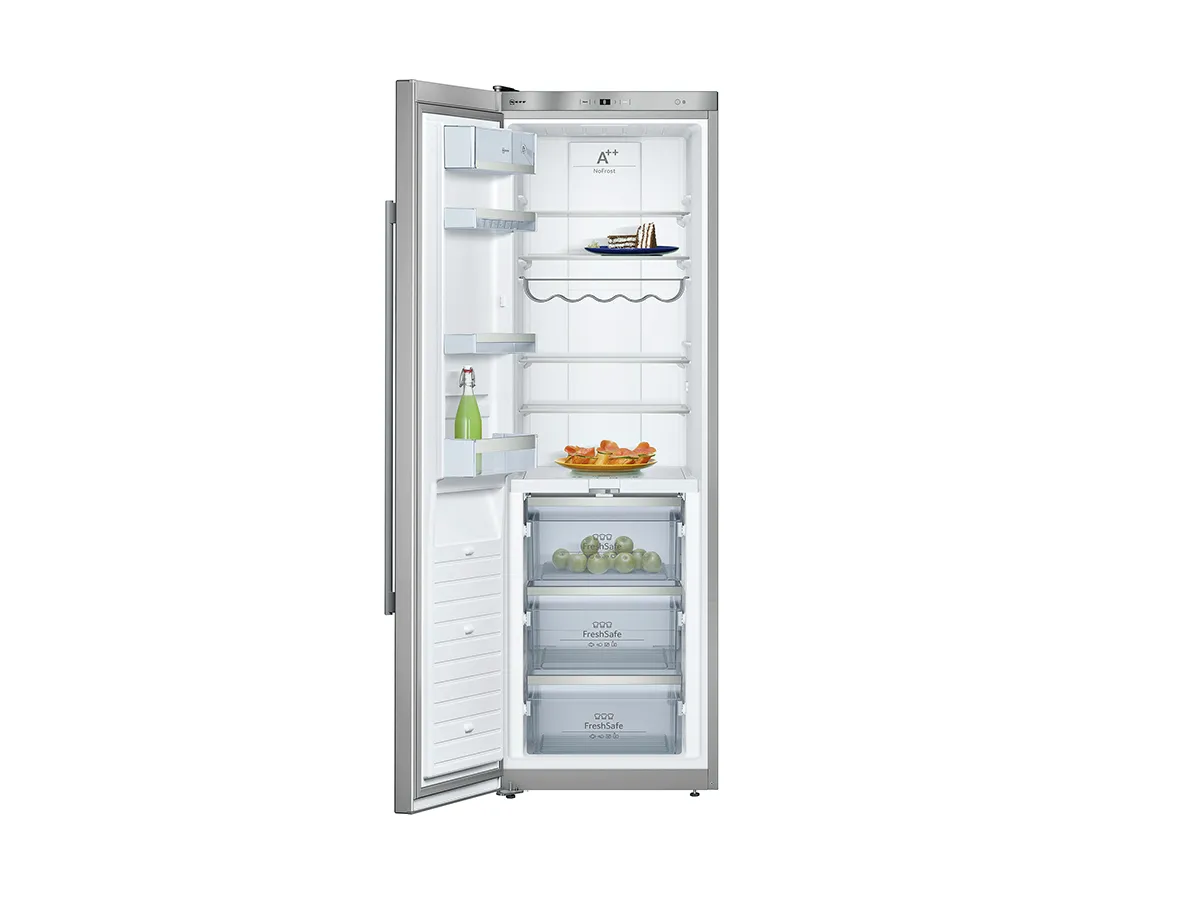 Stainless steel refrigerator with open door, shelves, and storage compartments.