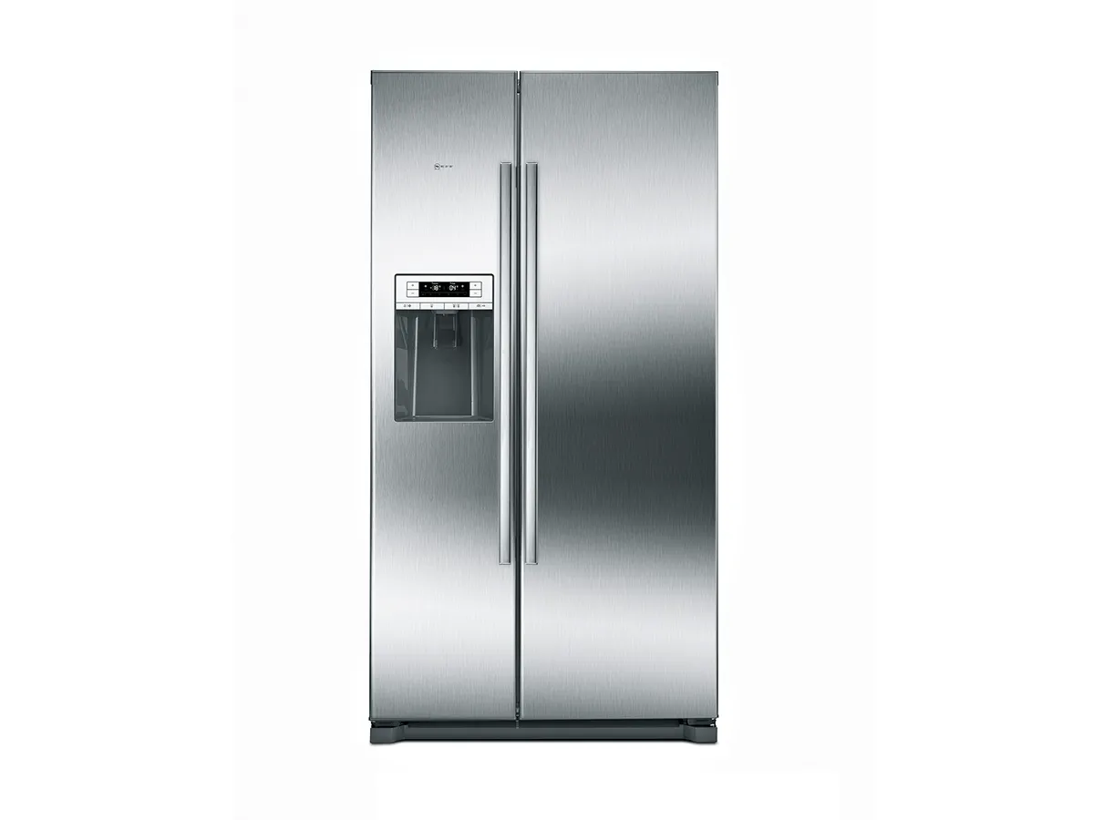 Stainless steel side-by-side refrigerator with ice and water dispenser.
