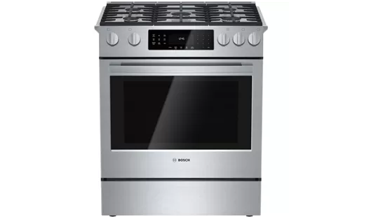 Stylish stainless steel gas range with five burners, digital display, and a spacious oven window. Ideal for modern kitchens.