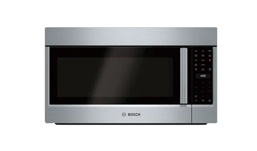 Stainless steel Bosch microwave oven with a sleek design, featuring a black glass door and a digital control panel on the right.