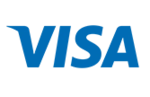 Bilden visar Visa-logotypen, ett välkänt kreditkortsmärke, i blå text mot en vit bakgrund.