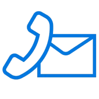 Icono lineal azul que combina la silueta de un auricular telef&oacute;nico y un sobre, simbolizando contacto por tel&eacute;fono o correo.