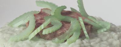 Risotto al Gongorzola Piccante, Mortadella di Fegato e Sedano croccante