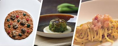 Tre piatti elegantemente presentati: un risotto alle erbe, una terrina di verdure e una pasta ai frutti di mare con salsa.