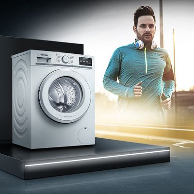 Waschmaschine und Mann beim Joggen