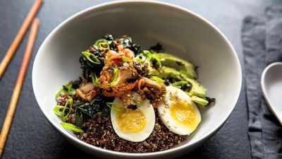 Siemens: mixed grain bowl with kale kimchi and egg served in a bowl