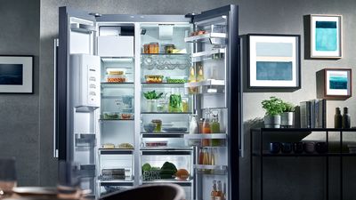 Siemens: vrijstaande koelkast met beide deuren open, gevuld met boodschappen