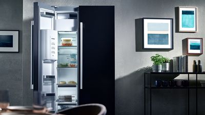 Siemens: Et frittstående kjøleskap fylt med bokser, døren er åpen venstre side
