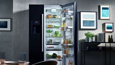 Siemens: freistehender Kühlschrank mit geöffneter Tür rechts, mit Lebensmitteln