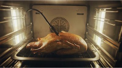 Курица запекается в духовом шкафу с термощупом roastingSensor Plus