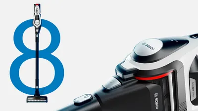 A modern cordless vacuum cleaner with a sleek design, featuring a round number 8 in the background, highlighting its advanced technology.