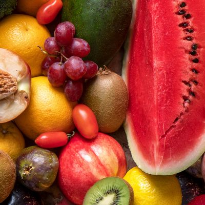Overhead view of many different fruits jumbled together