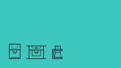 Three minimalist line drawings of coffee machines, set against a teal background. 