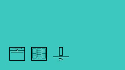 Three simple black icons on a teal background: an oven, a grid, and a heating element. 