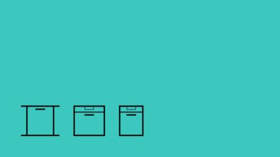 Illustration of three dishwashers silhouettes, set against a teal background. 