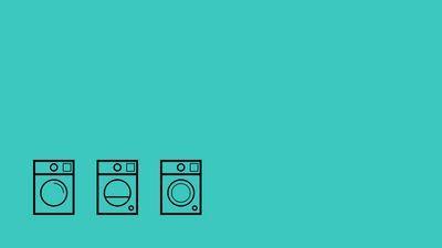 Three simple line-drawn washing machines on a teal background. 