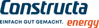 Logo mit "Constructa" in blauen, fetten Buchstaben über dem Satz "Einfach Gut Gemacht" in kleineren blauen Buchstaben, gefolgt von "energy" in fettem Orange.