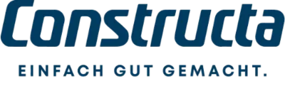 Logo, das das Wort "Constructa" in fettgedruckten blauen Buchstaben zeigt, mit "Einfach gut gemacht." in kleineren Großbuchstaben darunter, was Einfachheit und Qualität vermittelt.