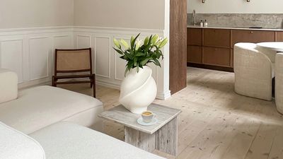 A white kitchen and living room with a white table, creating a clean and minimalist aesthetic.