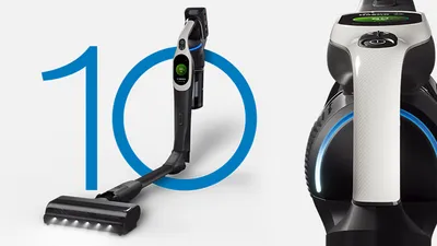 A sleek, modern vacuum cleaner with a digital display and highlighted features, beside a bold blue "10" graphic.