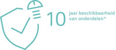 Schildpictogram met tekst "10 jaar beschikbaarheid van onderdelen" (10 jaar beschikbaarheid van onderdelen).