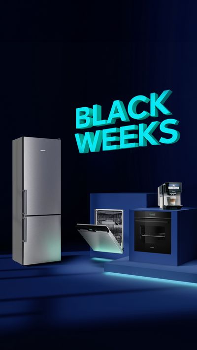 Teaserbild zu der Black Week bei Siemens mit einem Kühlschrank, Geschirrspüler, Backofen und Waschmaschinen als Beispiel für Rabattaktionen.