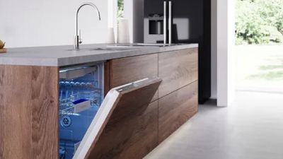 Cucina moderna con un elegante mobile in legno, un lavello alla moda e una lavastoviglie parzialmente aperta illuminata.