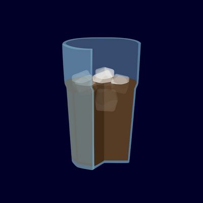 Illustration d'un verre coup&eacute; en deux r&eacute;v&eacute;lant un caf&eacute; frapp&eacute; avec de la glace.