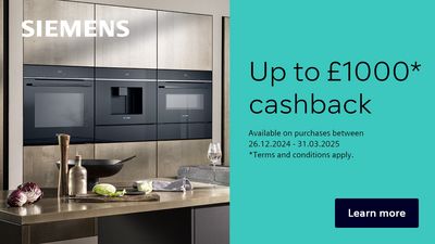 Multiple appliances in cabinets with promotion details alongside