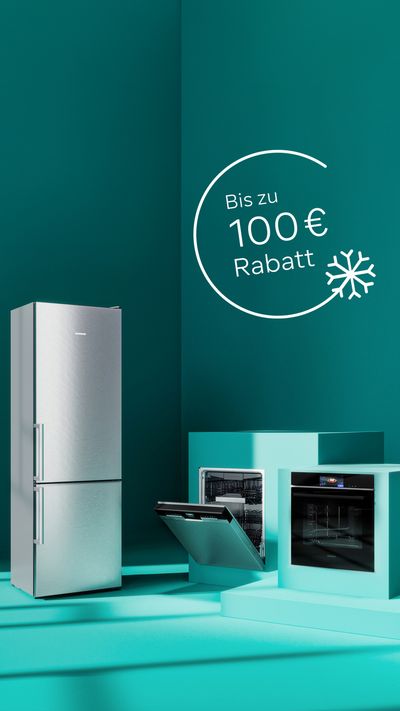 Teaserbild zu den Winter Angeboten bei Siemens mit einem Kühlschrank, Geschirrspüler, Backofen und Waschmaschinen als Beispiel für die bis zu 100€ Rabattaktionen.