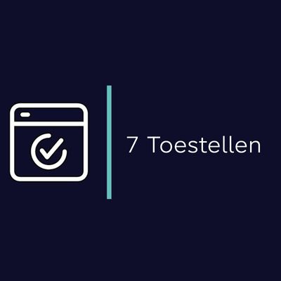 Donkere achtergrond, wit en teal icoon, tekst "7 Toestellen.".