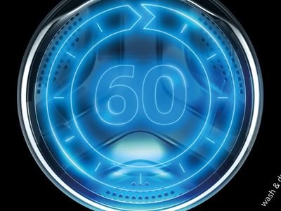 Une soixantaine de n&eacute;ons bleus se trouve &agrave; l'int&eacute;rieur d'un cercle de n&eacute;ons bleus indiquant un cycle. En arri&egrave;re-plan, on aper&ccedil;oit le tambour d'un lave-linge.