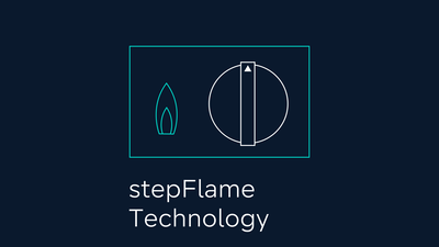 Rysunek pokrętła płyty gazowej, ognia i napis „Technologia stepFlame” pod spodem.