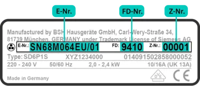 Label displaying model information with serial numbers for a Siemens appliance, including E.Nr, FD and Z.Nr specifications.