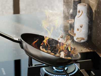 Een zwarte koekenpan met champignons die sissen in het vuur op een gasfornuis, omgeven door rook in een moderne keuken 