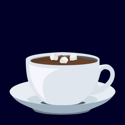 Illustration repr&eacute;sentant une tasse de chocolat chaud blanche pos&eacute;e sur une soucoupe de la m&ecirc;me couleur.