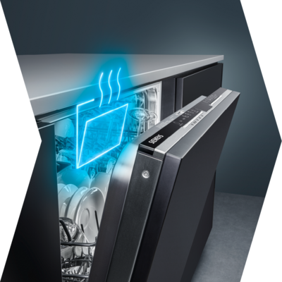 
         N&aelig;rbillede af en &aring;ben Siemens opvaskemaskine med en bl&aring; grafisk overlejring af frigivet damp.
        