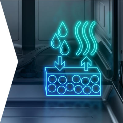 
         Opvaskemaskine-interi&oslash;r med en bl&aring; illustration af zeolitkrystaller, vanddr&aring;ber og varmeb&oslash;lger.
        