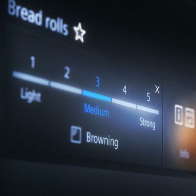 Primo piano della funzione di selezione del livello di doratura sul display touch del forno Siemens iQ700.