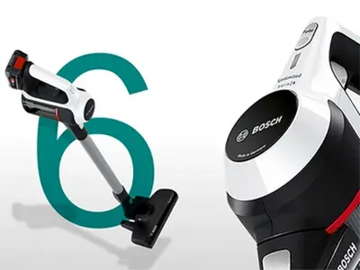 A close-up of a Bosch cordless vacuum cleaner with a sleek design, featuring a battery and an eye-catching number 6 in the background.